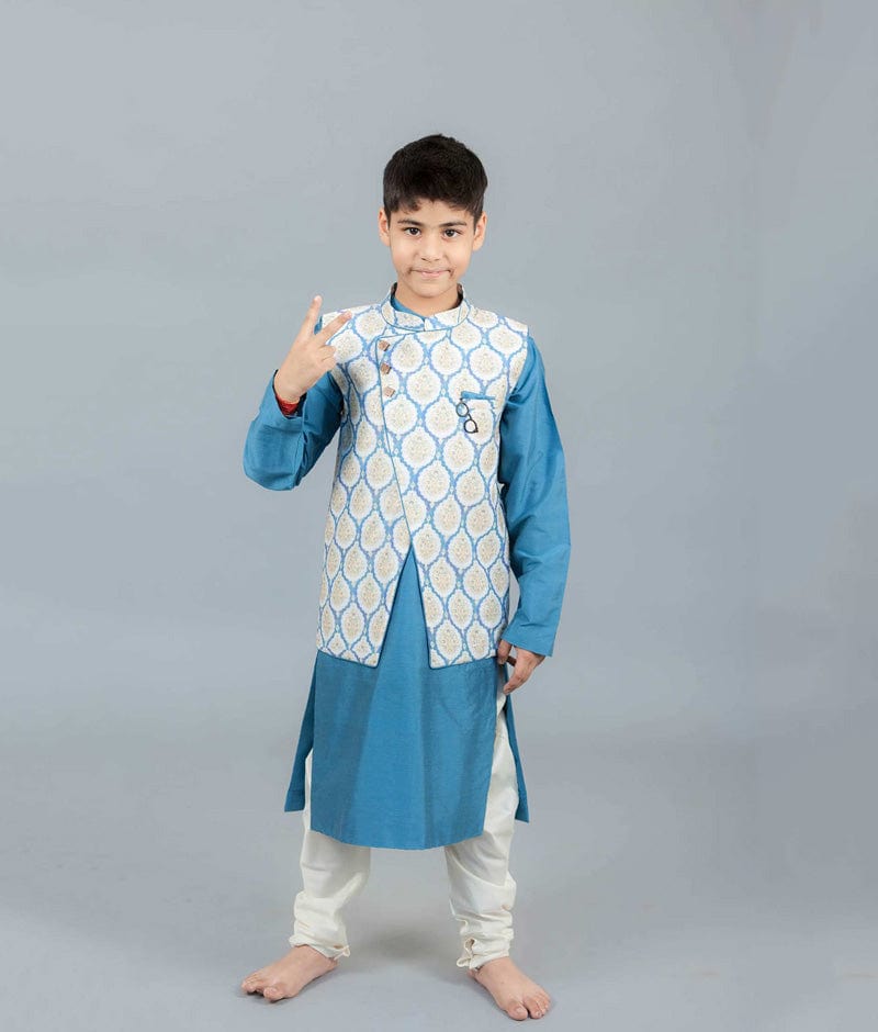 Blue Chanderi Printed Nehru Jacket with Kurta Chudidar for Boys