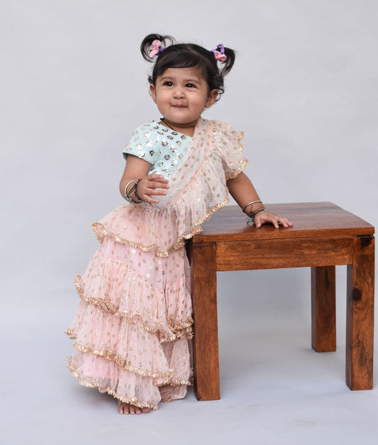 Blue Embroidery Peach Chiffon Saree for Girls