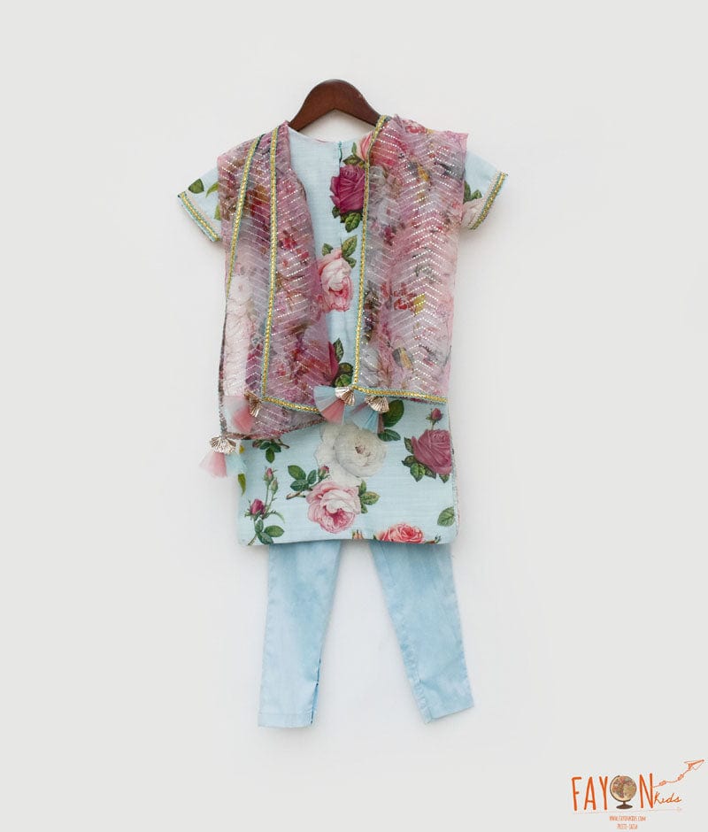 Blue Floral Print Kurti and Pant for Girls