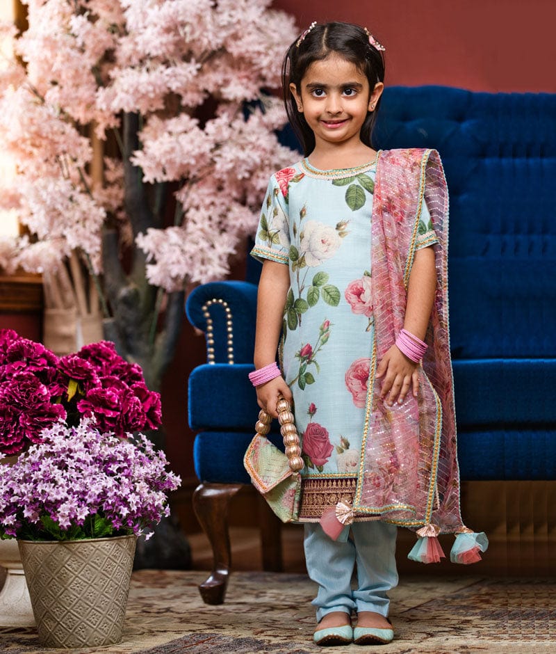 Blue Floral Print Kurti and Pant for Girls