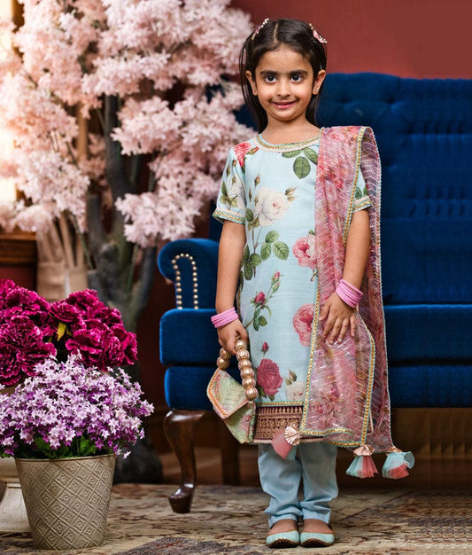 Blue Floral Print Kurti and Pant for Girls