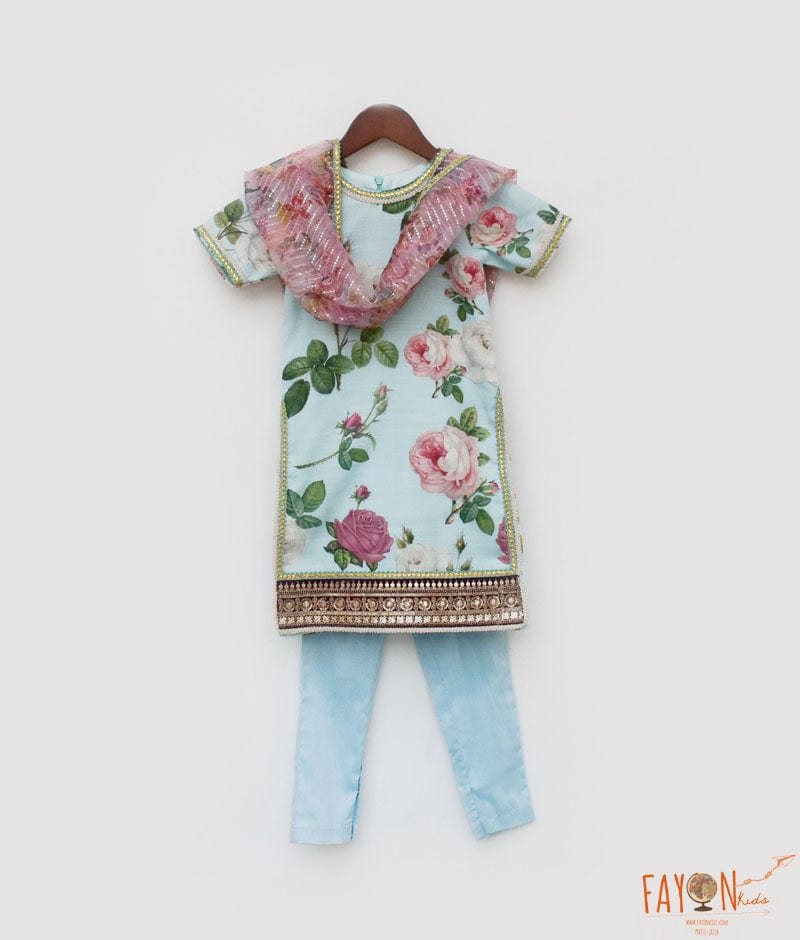Blue Floral Print Kurti and Pant for Girls