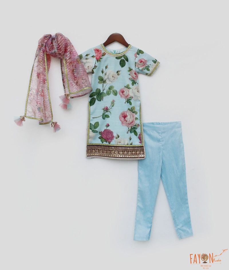 Blue Floral Print Kurti and Pant for Girls