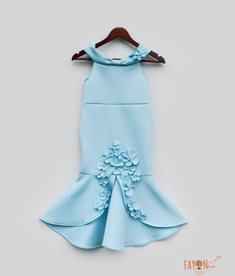 Blue Lycra Fish Cut Dress for Girls