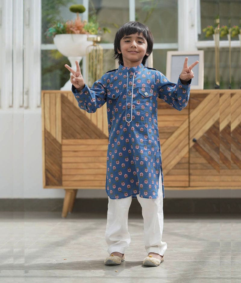 Blue Printed Kurta and Off White Pant for Boys