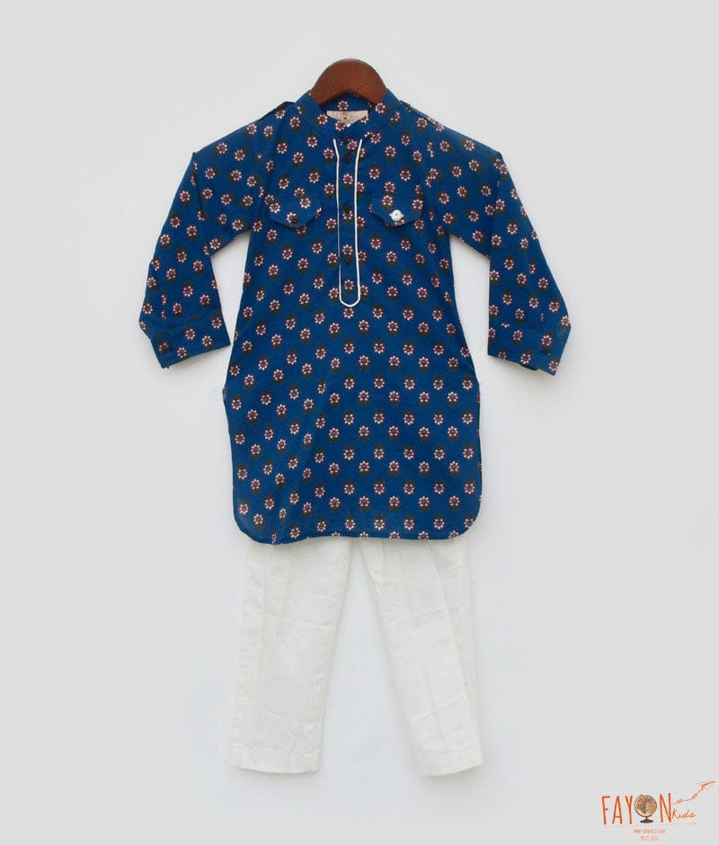 Blue Printed Kurta and Off White Pant for Boys