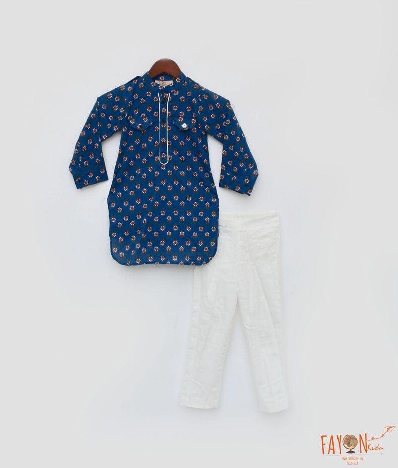 Blue Printed Kurta and Off White Pant for Boys