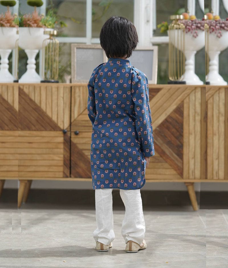 Blue Printed Kurta and Off White Pant for Boys