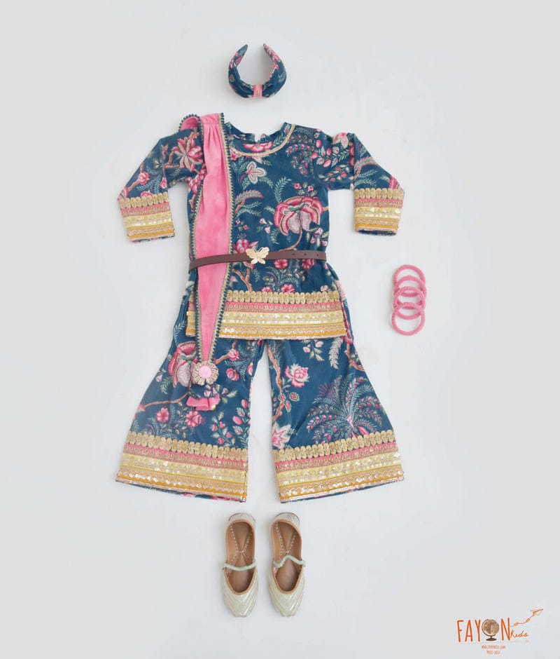 Blue Velvet Printed Kurti with Sharara Pink Velvet Dupatta for Girls