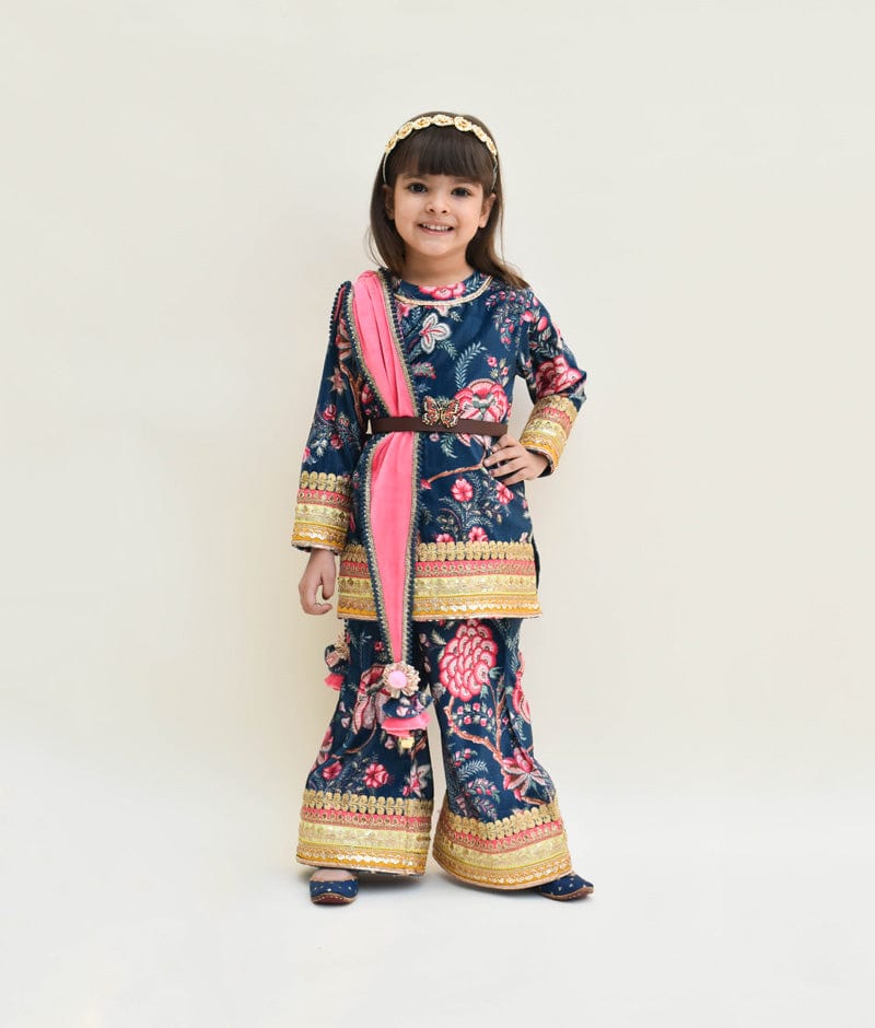 Blue Velvet Printed Kurti with Sharara Pink Velvet Dupatta for Girls
