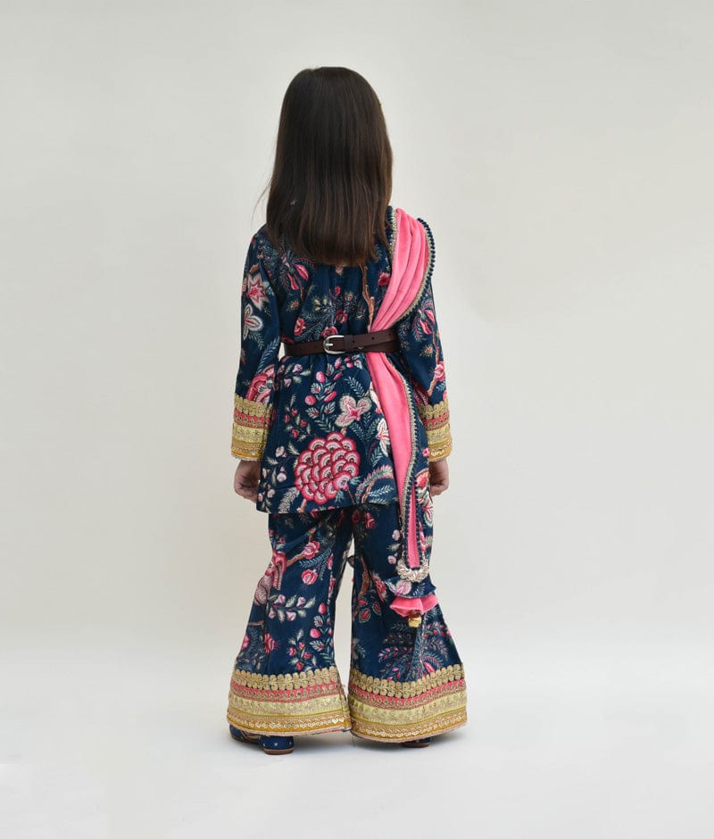 Blue Velvet Printed Kurti with Sharara Pink Velvet Dupatta for Girls
