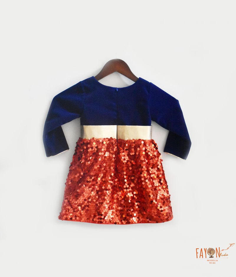 Blue Velvet Red Sequins Dress for Girls