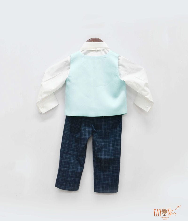 Blue Waist Coat with Off white Shirt Black Checks Pant for Boys
