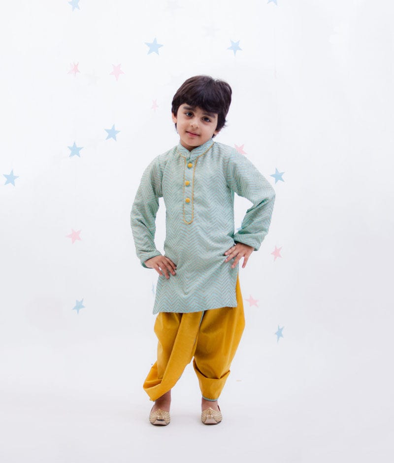 Blue Zig Zag Gota Kurta with Yellow Dhoti for Boys