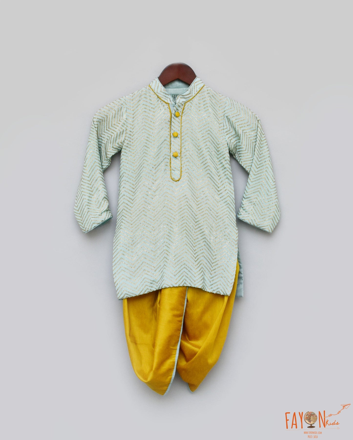 Blue Zig Zag Gota Kurta with Yellow Dhoti for Boys
