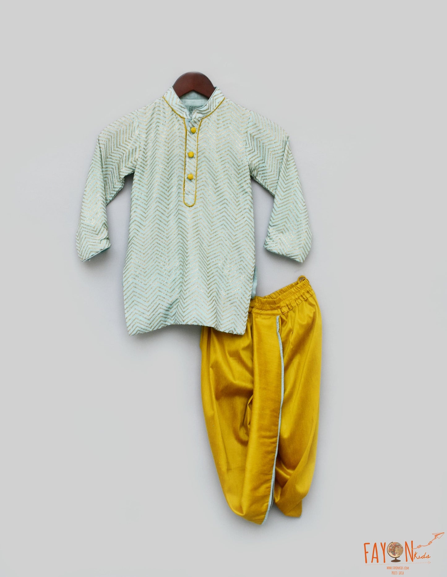 Blue Zig Zag Gota Kurta with Yellow Dhoti for Boys
