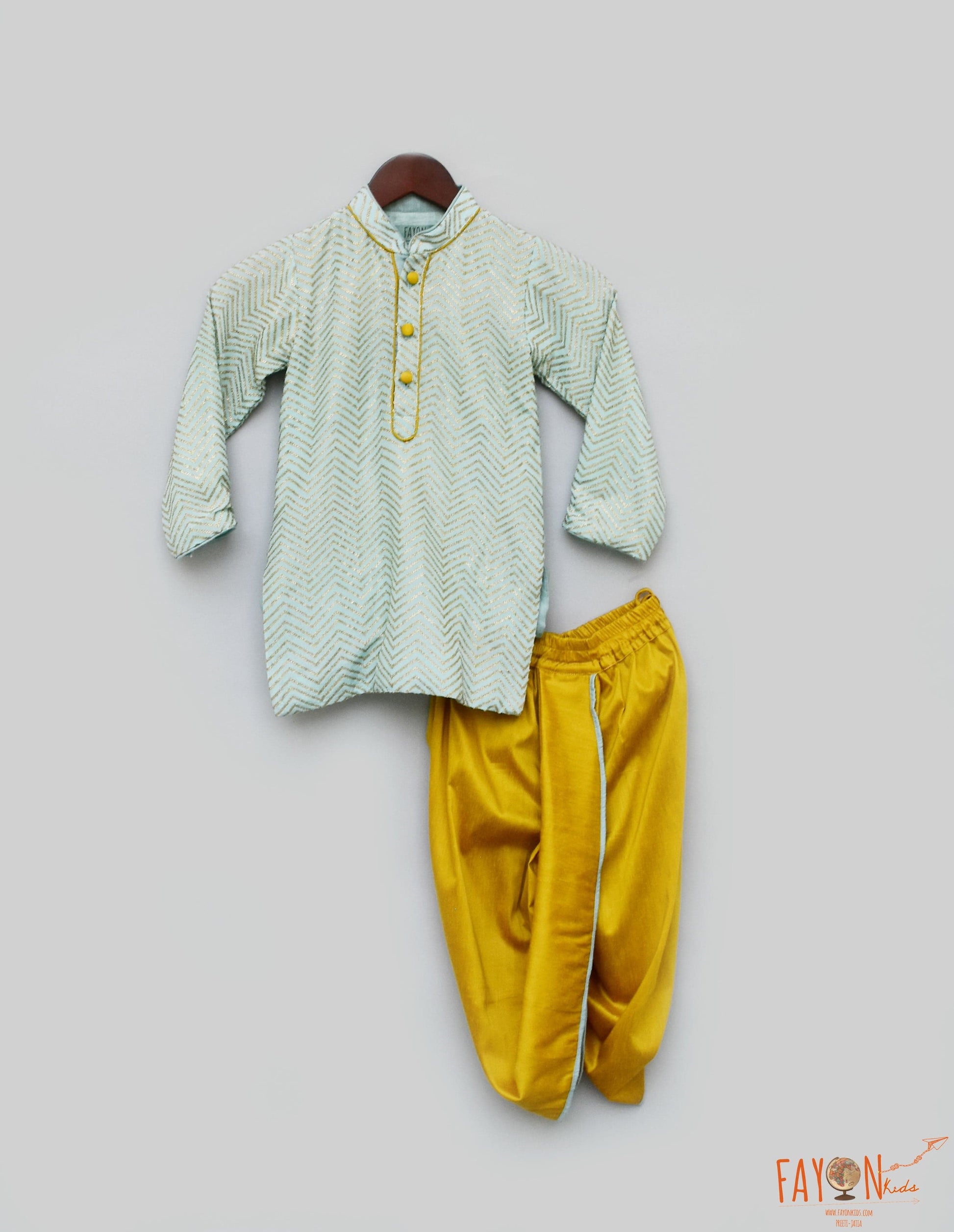 Blue Zig Zag Gota Kurta with Yellow Dhoti for Boys