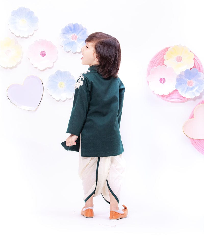 Bottle Green Embroidery Achkan with Dhoti for Boys