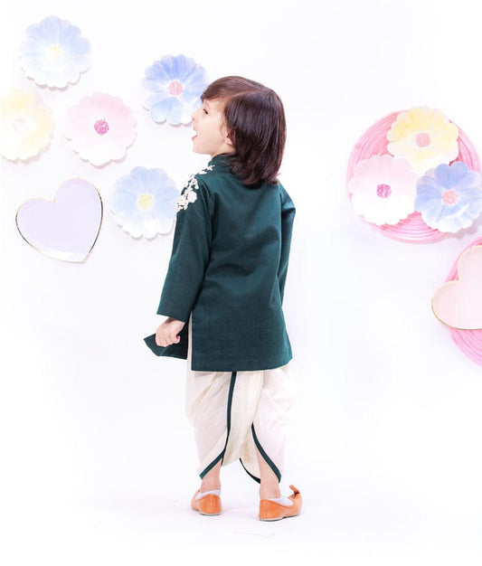 Bottle Green Embroidery Achkan with Dhoti for Boys