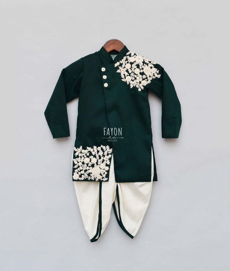Bottle Green Embroidery Achkan with Dhoti for Boys