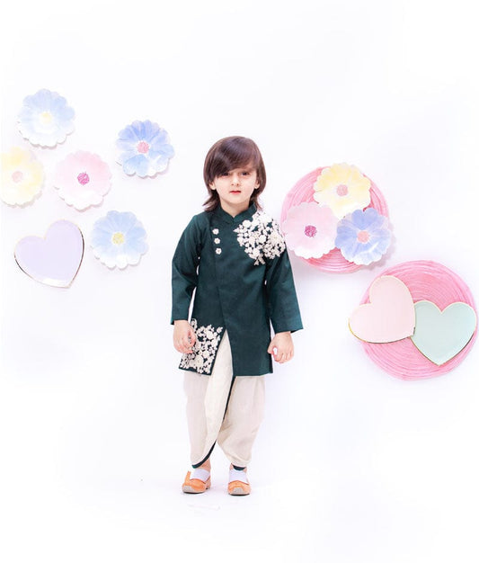 Bottle Green Embroidery Achkan with Dhoti for Boys