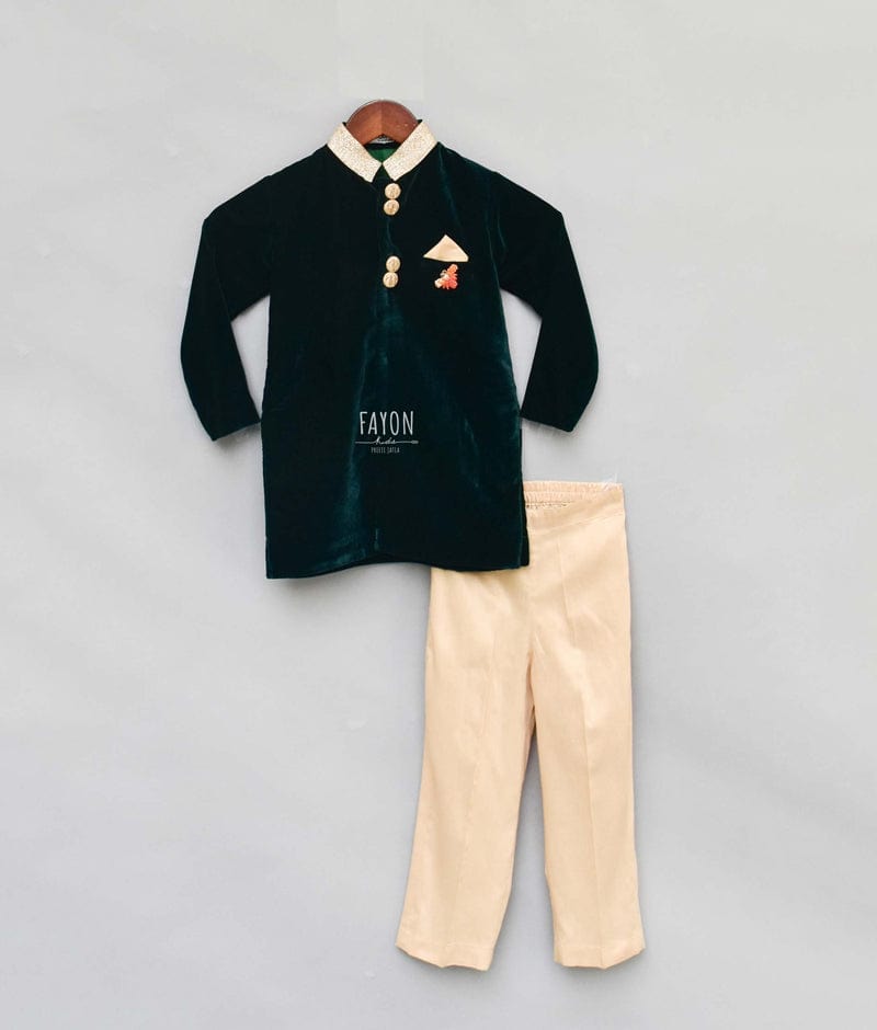 Bottle Green Velvet Achkan with Pant for Boys