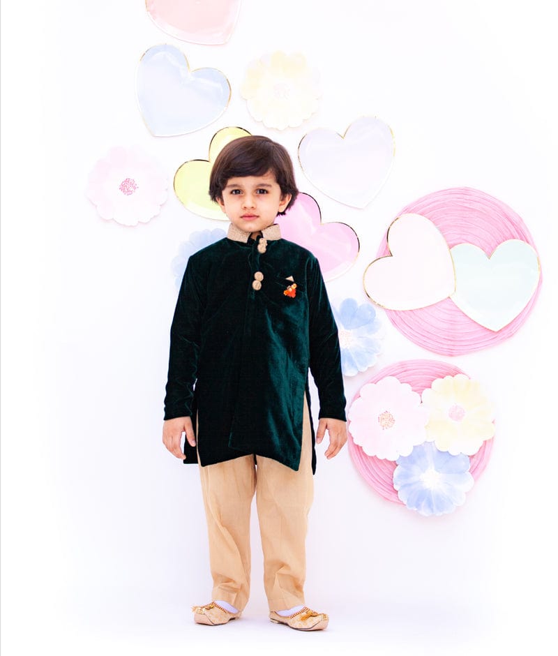 Bottle Green Velvet Achkan with Pant for Boys