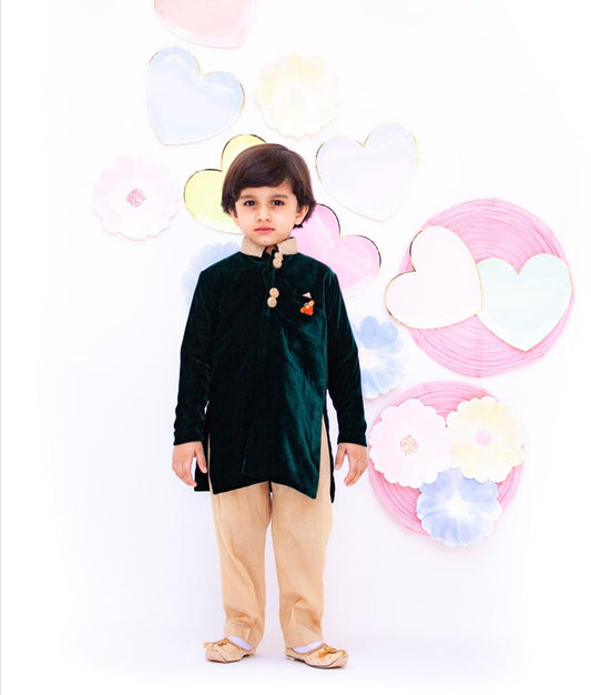 Bottle Green Velvet Achkan with Pant for Boys