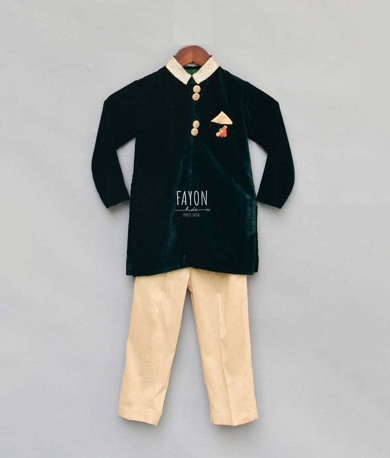 Bottle Green Velvet Achkan with Pant for Boys