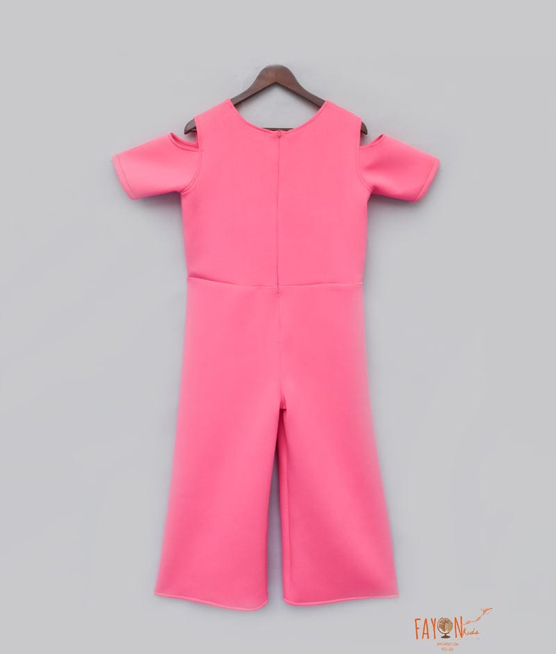 Candy Pink Lycra Jumpsuit with 3D Flowers and Flamingo for Girls