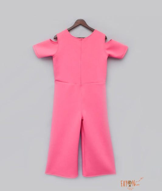 Candy Pink Lycra Jumpsuit with 3D Flowers and Flamingo for Girls