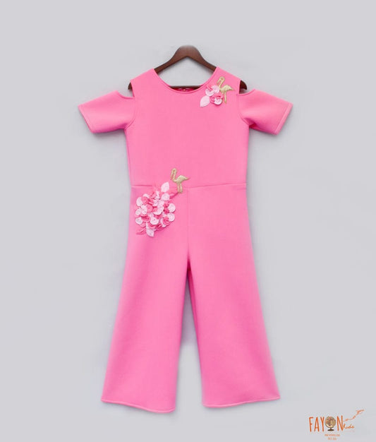 Candy Pink Lycra Jumpsuit with 3D Flowers and Flamingo for Girls