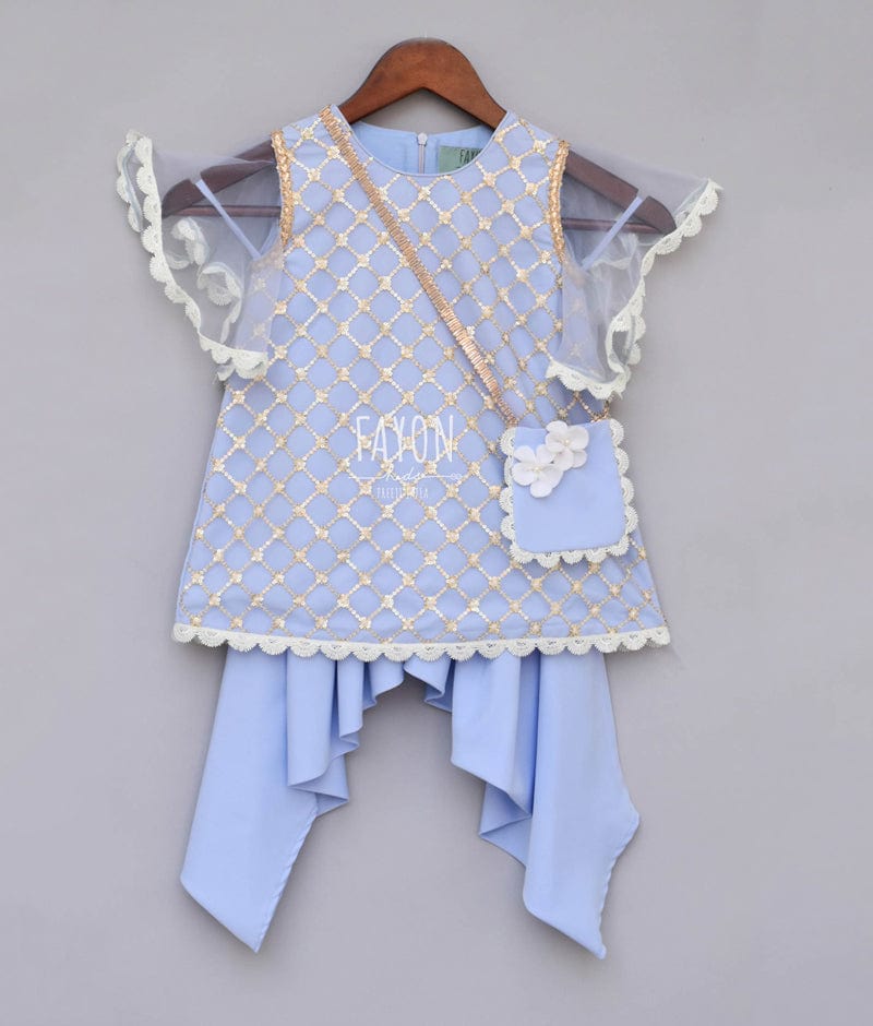 Cornflower Blue Embroidery Dhoti Set for Girls