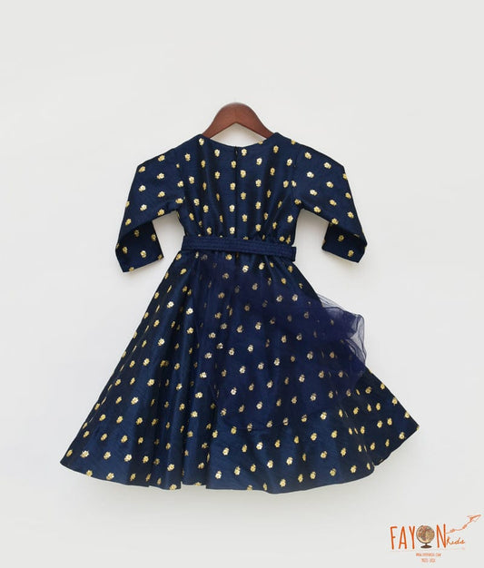 Dark Blue Booti Silk Embroidery Anarkali with Net Dupatta for Girls
