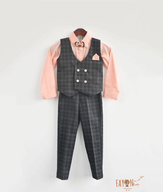 Dark Blue Check Waist Coat Set with Peach Shirt Pant for Boys