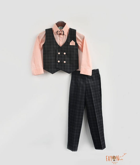 Dark Blue Check Waist Coat Set with Peach Shirt Pant for Boys