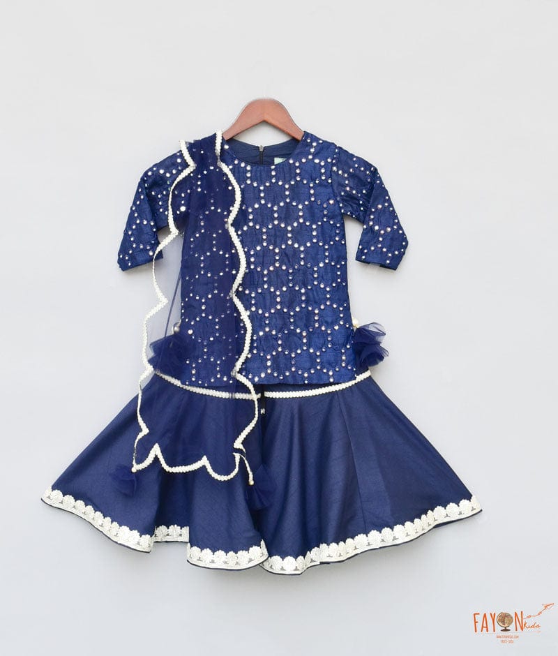 Dark Blue Mirror Work Dark Blue Silk Sharara with Kurti Net Dupatta for Girls