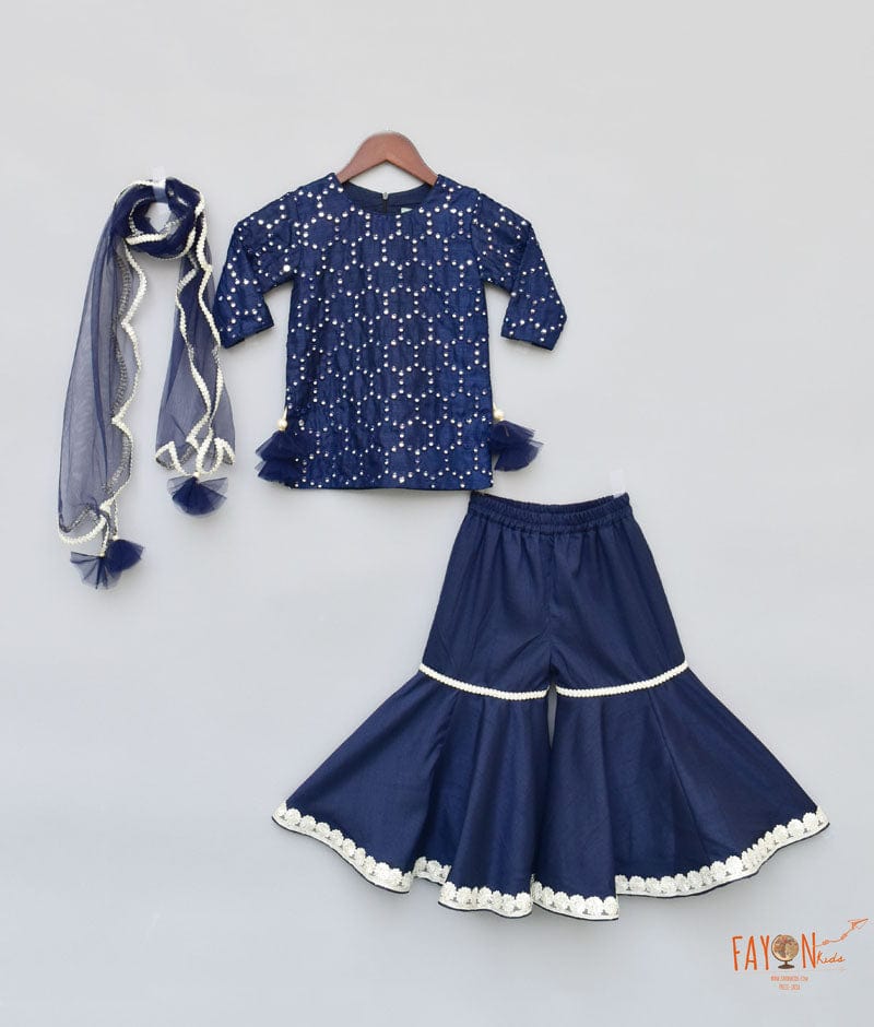 Dark Blue Mirror Work Dark Blue Silk Sharara with Kurti Net Dupatta for Girls