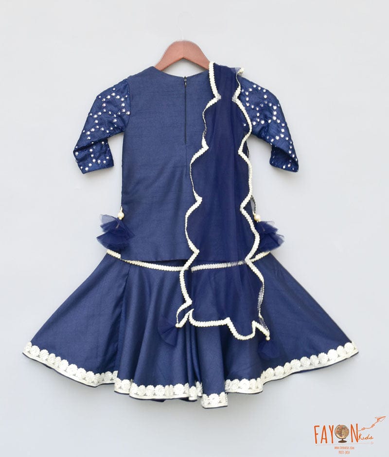 Dark Blue Mirror Work Dark Blue Silk Sharara with Kurti Net Dupatta for Girls