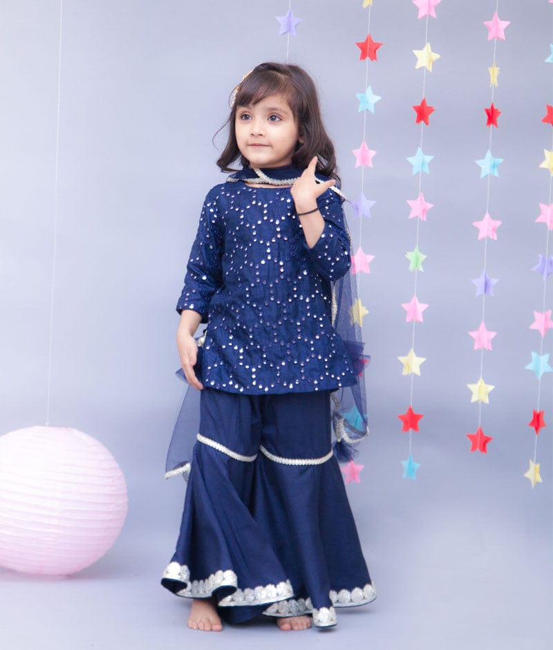 Dark Blue Mirror Work Dark Blue Silk Sharara with Kurti Net Dupatta for Girls