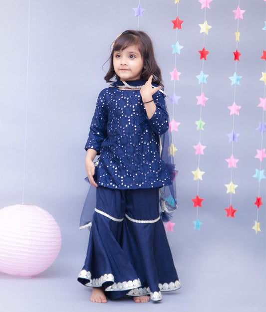 Dark Blue Mirror Work Dark Blue Silk Sharara with Kurti Net Dupatta for Girls