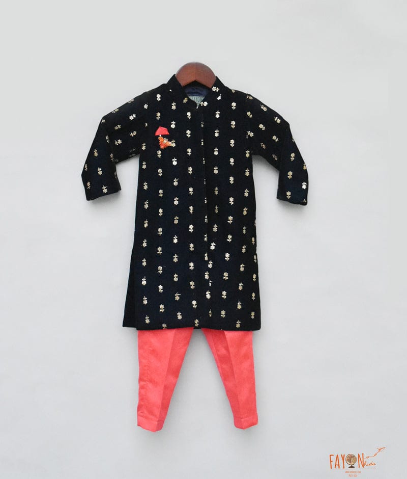 Dark Blue Velvet Achkan with Pant for Boys