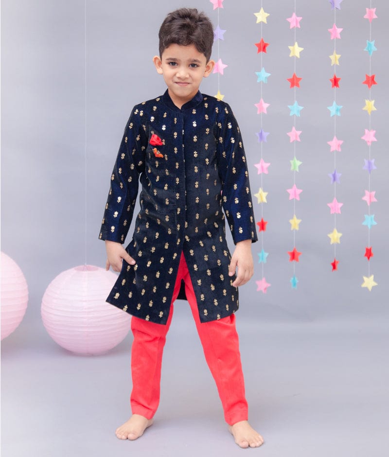 Dark Blue Velvet Achkan with Pant for Boys