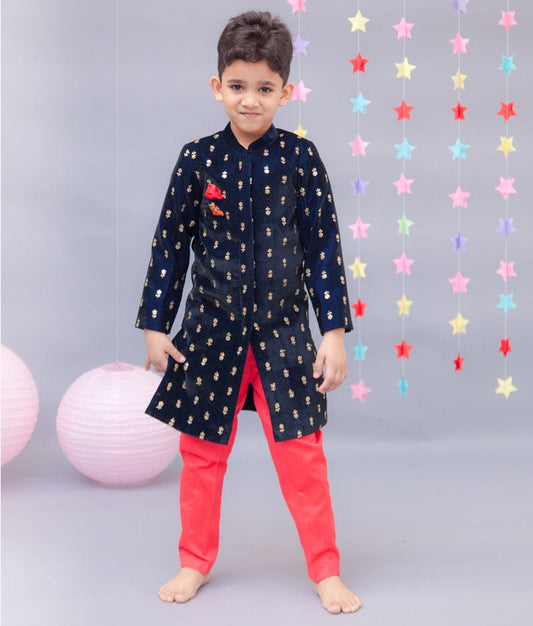 Dark Blue Velvet Achkan with Pant for Boys