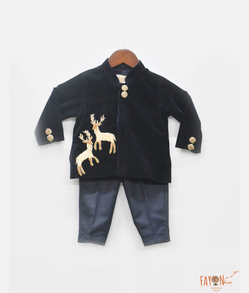 Dark Blue Velvet Bandgala with Blue Pant for Boys