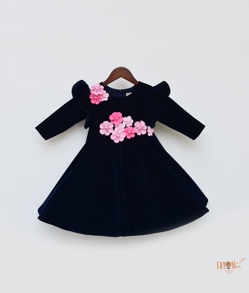 Dark Blue Velvet Dress with 3D Flowers for Girls