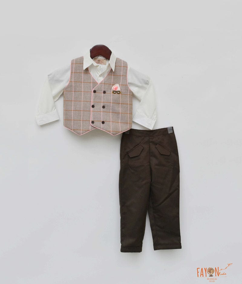 Dusty Brown Check Waist Coat with White Shirt Brown Pant for Boys