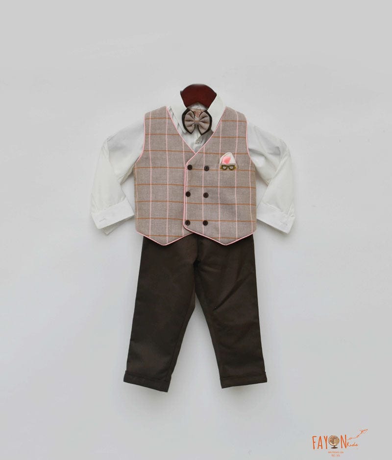 Dusty Brown Check Waist Coat with White Shirt Brown Pant for Boys