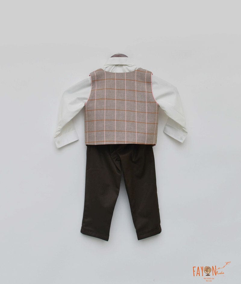 Dusty Brown Check Waist Coat with White Shirt Brown Pant for Boys