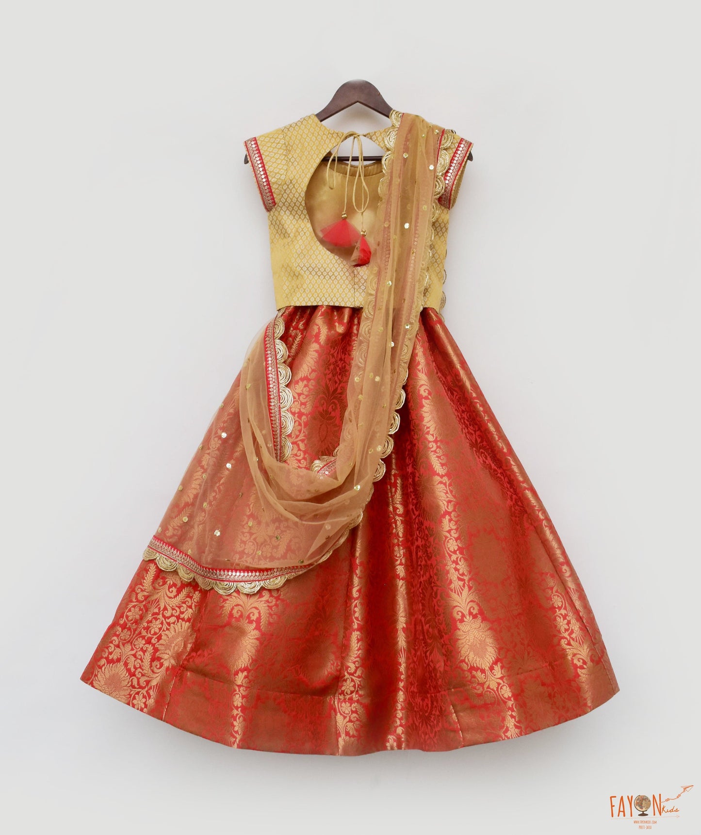 Golden Brocade Coral Brocade Lehenga with Choli Boti Net Dupatta for Girls